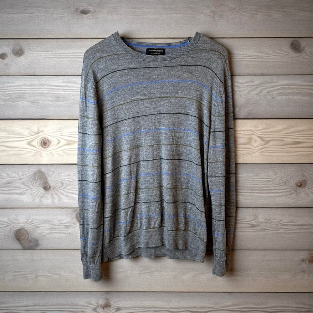 Banana Republic Men's 100% Merino Wool Striped Sweater Gray Size Large Office